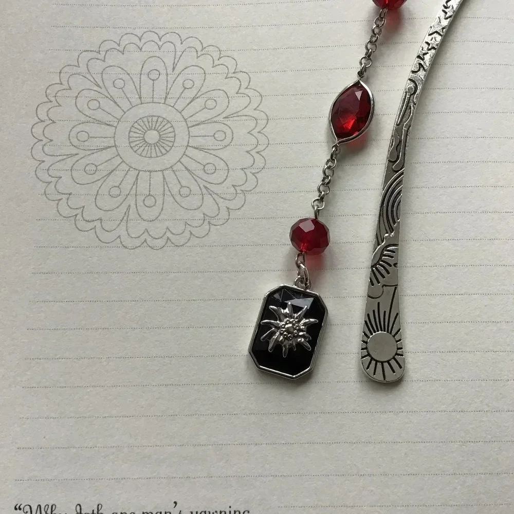 Tibetan Metal Bookmark - Sun and Stars Engraved Red Garnet Sunburst Charm‎